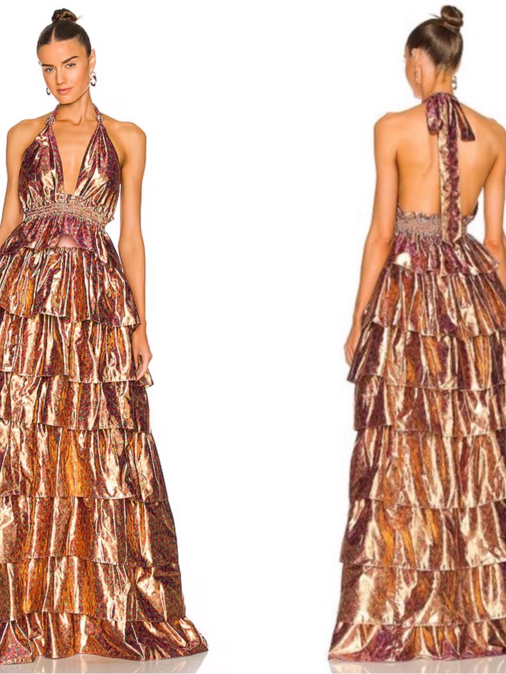 LOVESHACKFANCY Bexlie Floral Ruffle Tiered Halterneck Metallic Maxi Dress Size M